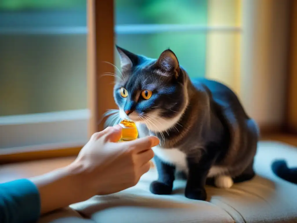 Vínculo especial: dueño cuida con amor a su gato diabético, demostrando cuidados mascota diabetes manejo estrés