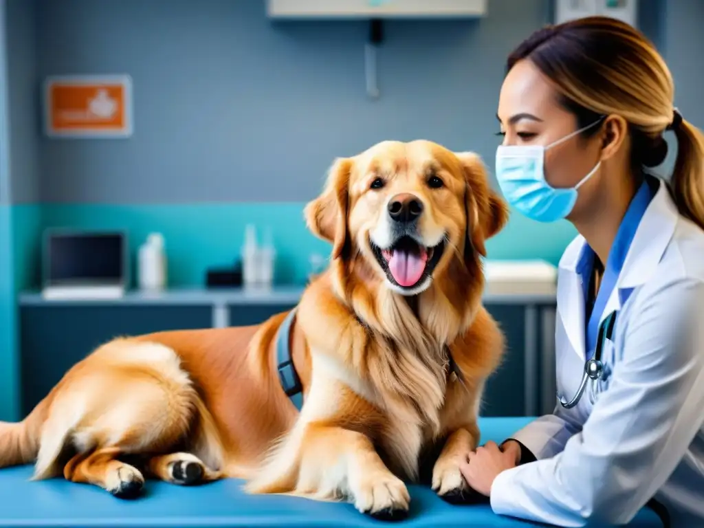 Vínculo en la clínica: revisión detallada de un Golden Retriever feliz Vínculo especial entre veterinario, dueño y adorable perro dorado durante revisión regular en clínica veterinaria