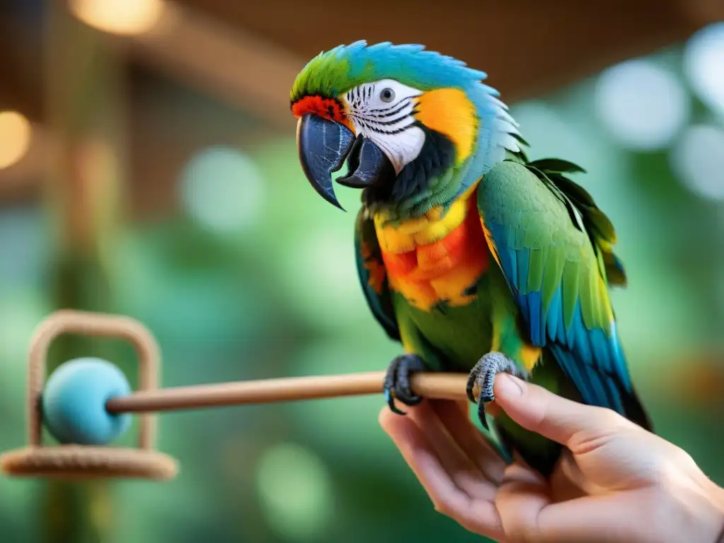 Vínculo humano-ave en adiestramiento profesional Vínculo profundo entre humano y loro en sesión de entrenamiento, destacando las mejores apps entrenamiento mascotas 2023