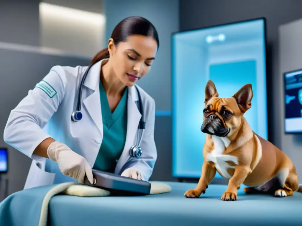 Rehabilitación virtual: Veterinario guía perrito con tecnología innovadora Rehabilitación virtual para mascotas: Veterinario guía con cuidado a un perro en ejercicio digital