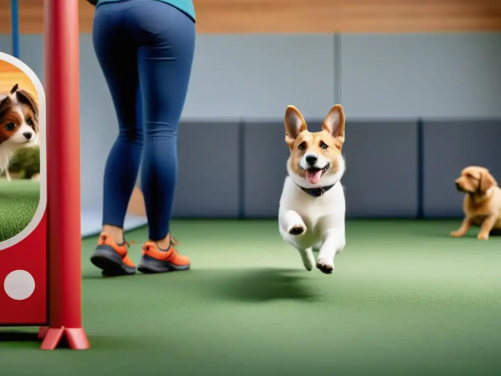 Entrenamiento de mascotas: diversión y destreza en acción Vívida imagen de entrenamiento de mascotas con perros, gatos, conejos y pájaros en acción